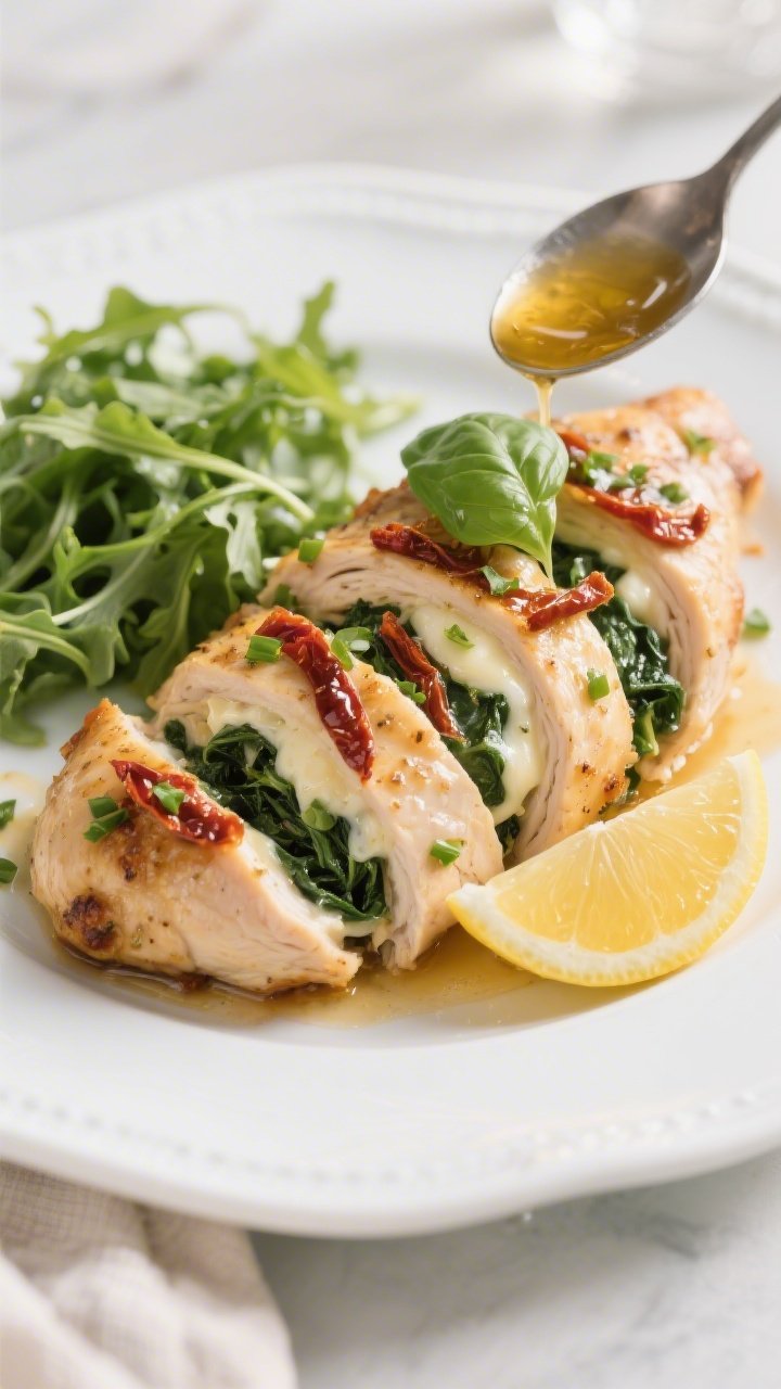 Final dish presentation: Beautifully plated Keto Chicken Mozzarella Stuffed Breast sliced on a bias 