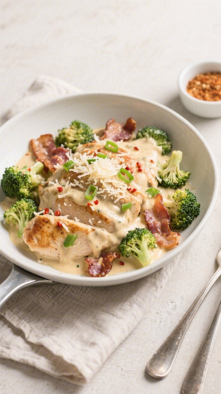 Final dish presentation: Beautifully plated Keto Chicken Bacon Ranch Skillet served in a shallow whi