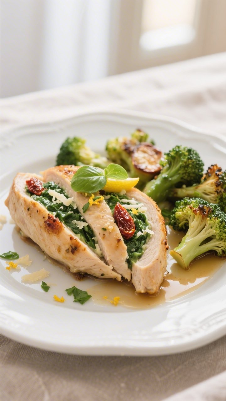 Final dish presentation: Beautifully plated Keto Stuffed Chicken Breast sliced on a slight bias to r