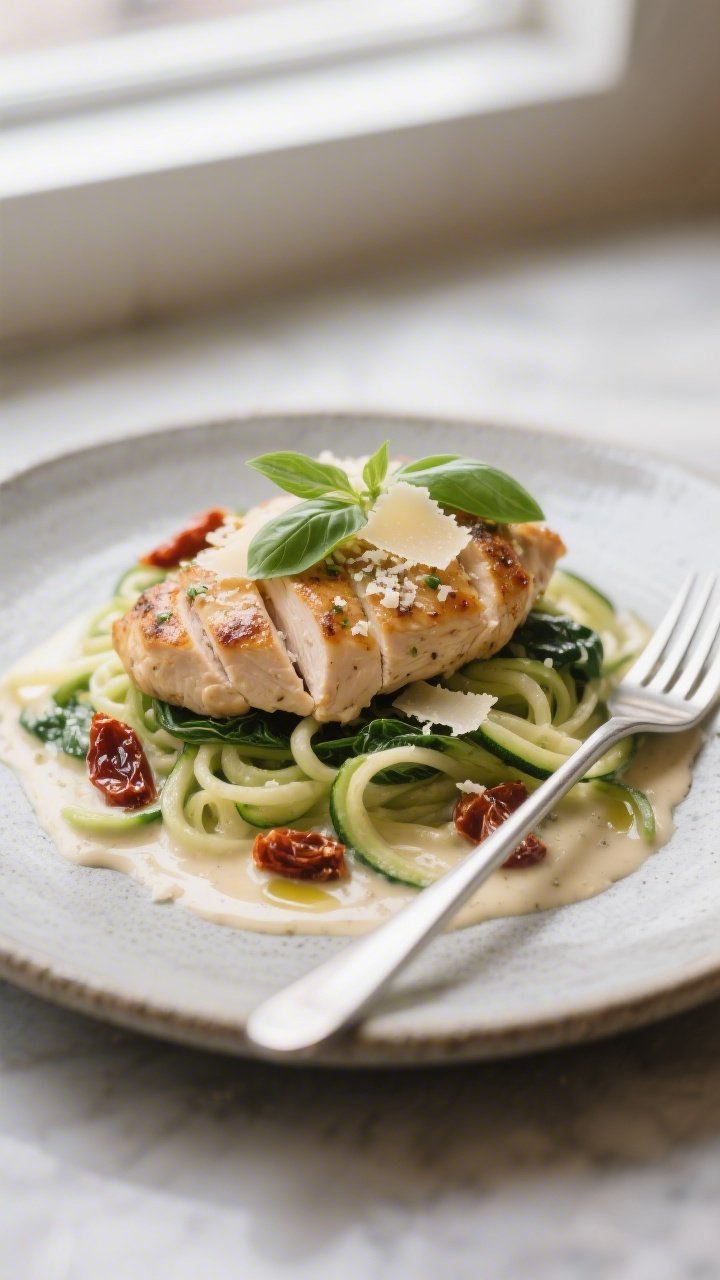 Final dish presentation: Beautifully plated portion of the creamy Italian chicken over a bed of zucc