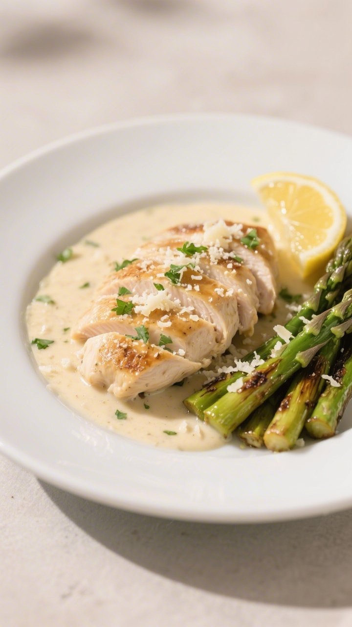 Final dish presentation: Keto Chicken Creamy Garlic Parmesan elegantly plated on a matte white shall