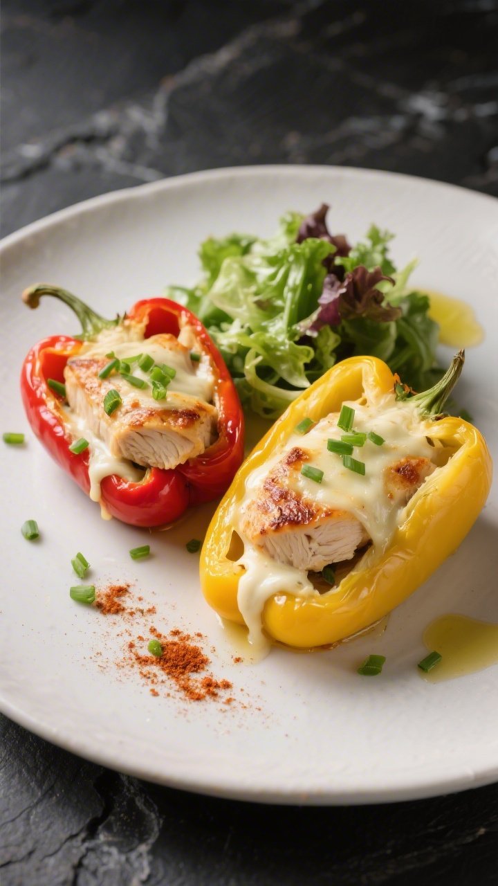 Final dish presentation: Restaurant-quality plate of two colorful keto chicken ranch stuffed peppers