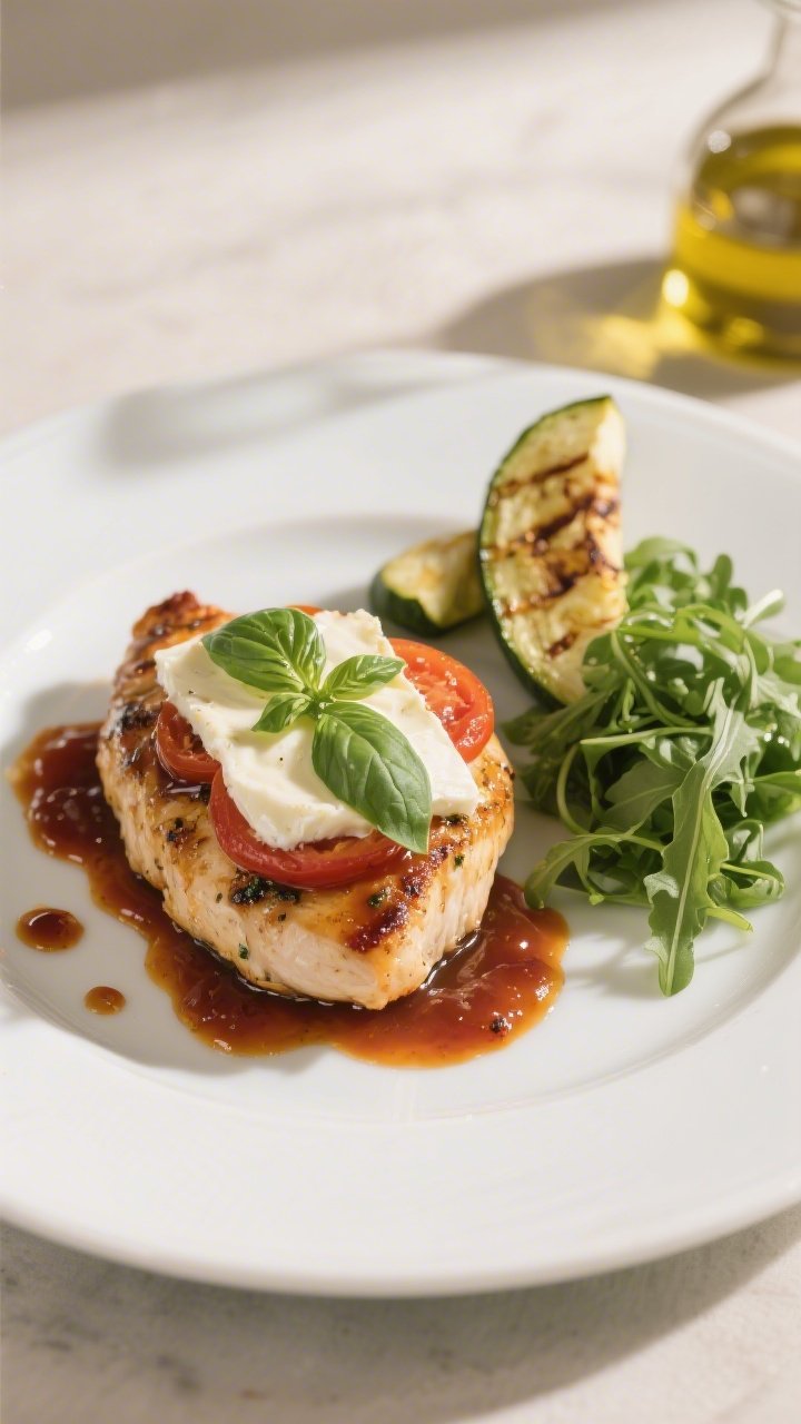 Final dish presentation: Restaurant-quality plated Keto Chicken Caprese, a single chicken breast top