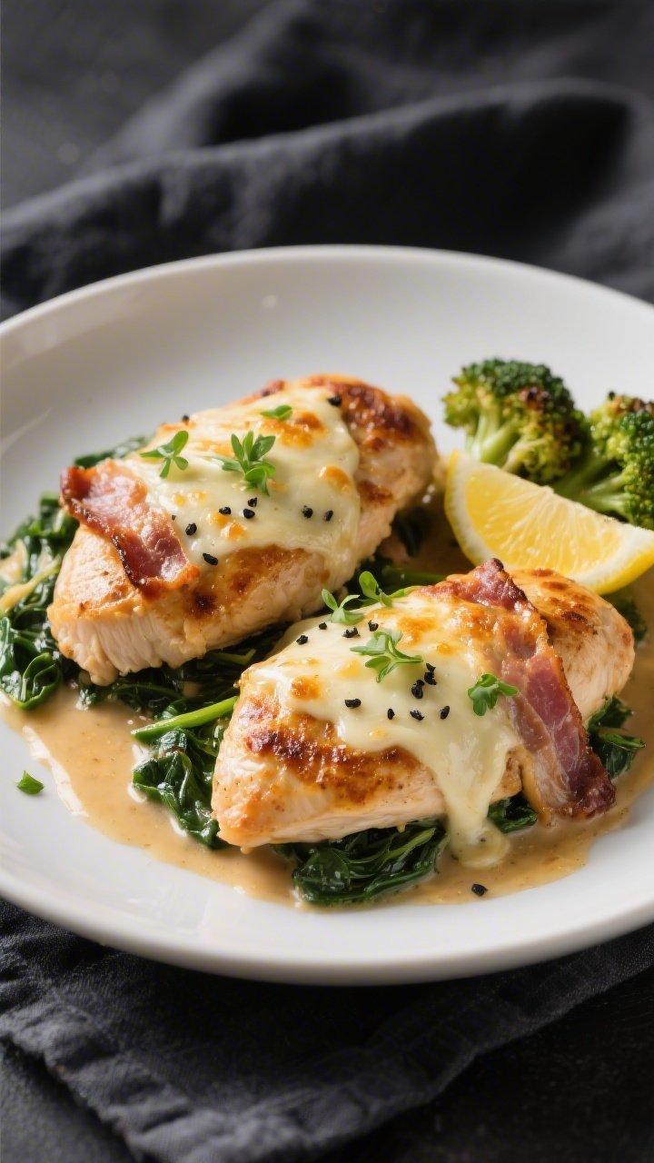 Final dish presentation: Restaurant-quality plated Keto Chicken Bacon Spinach Bake on a matte white 