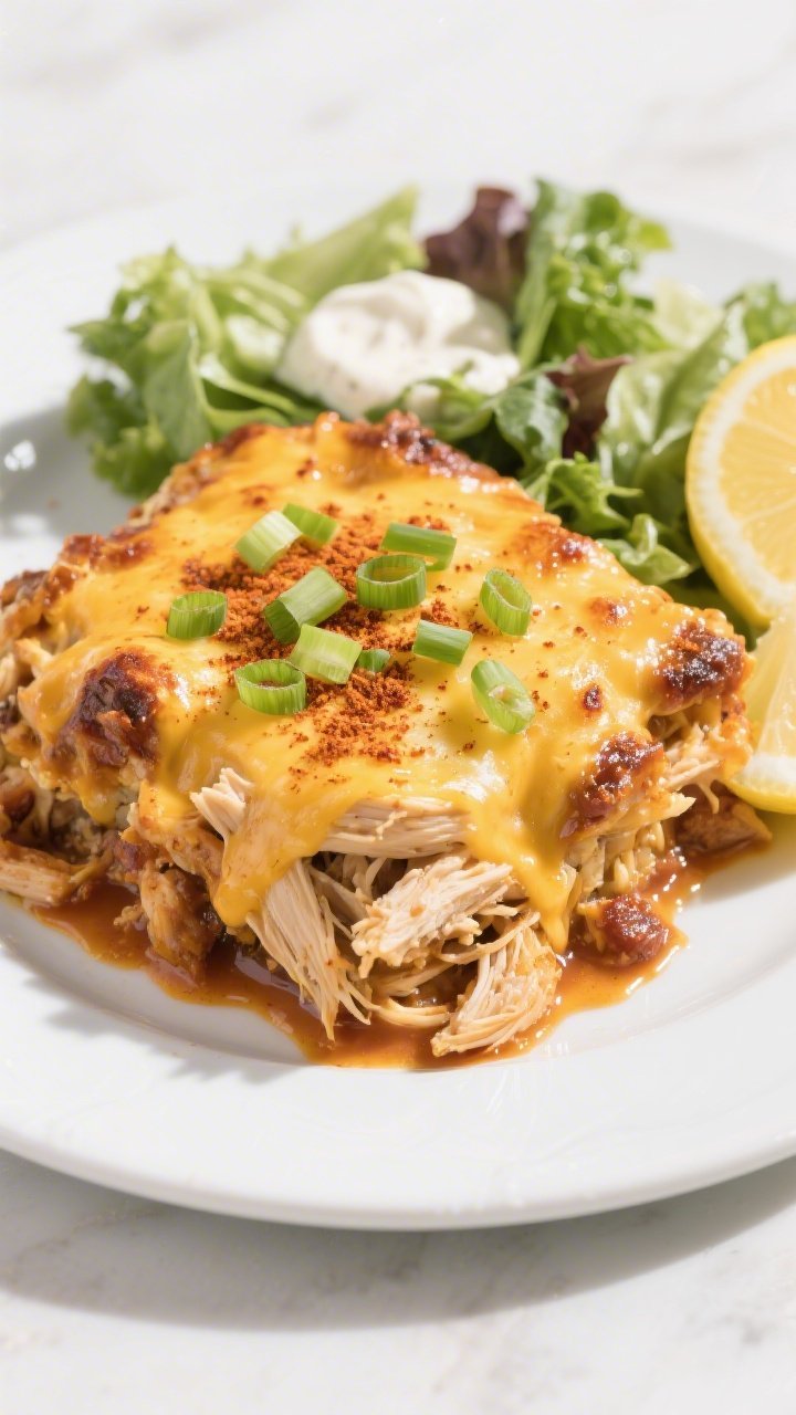 Final dish presentation: Restaurant-quality plated serving of Keto BBQ Chicken Casserole on a matte 