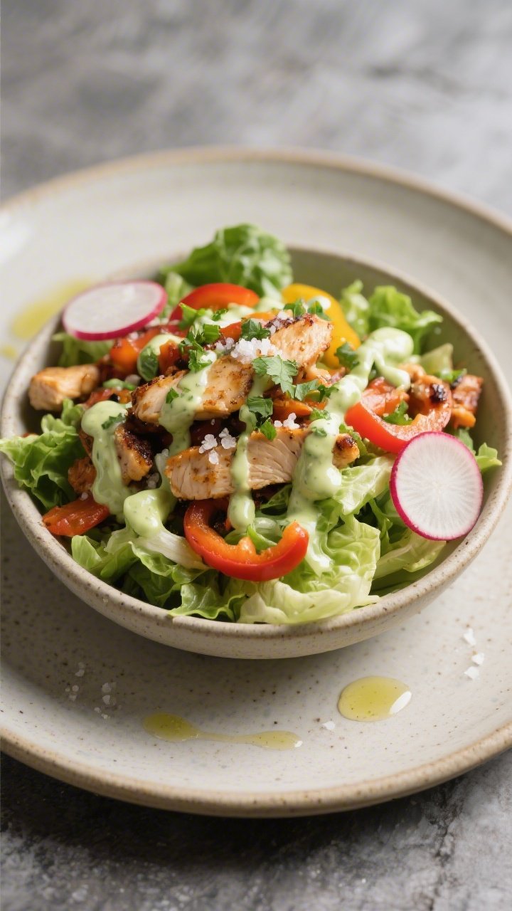 Final dish presentation: Restaurant-quality plated fajita bowl variation served over chopped romaine