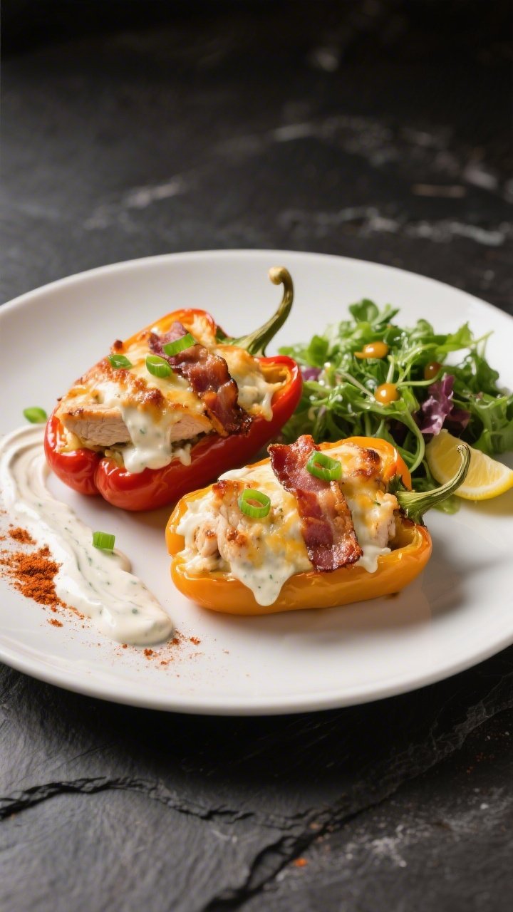 Final dish presentation: Restaurant-quality plating of two Keto Chicken Bacon Ranch Stuffed Peppers 