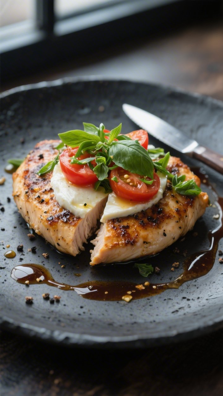 Final dish presentation: Restaurant-quality plating of a single Keto Chicken Caprese breast on a cha