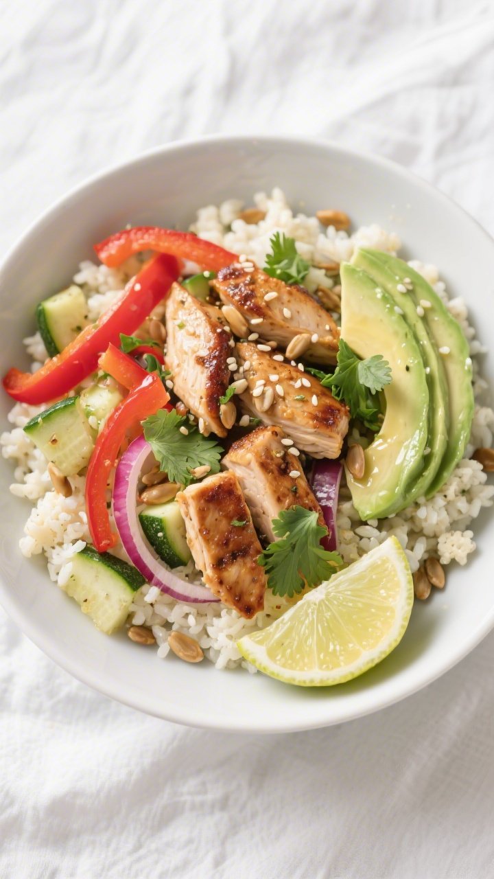 Final plated bowl, overhead: Overhead shot of a Keto Chicken Cauliflower Rice Bowl assembled in a wi