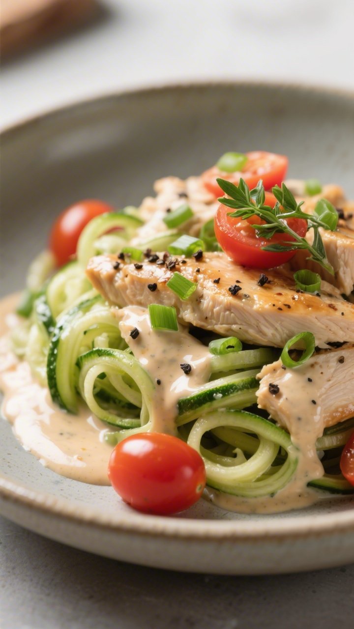 Final plated close-up: Beautifully plated Keto Chicken Ranch Zoodle Bowl with a tight macro focus on