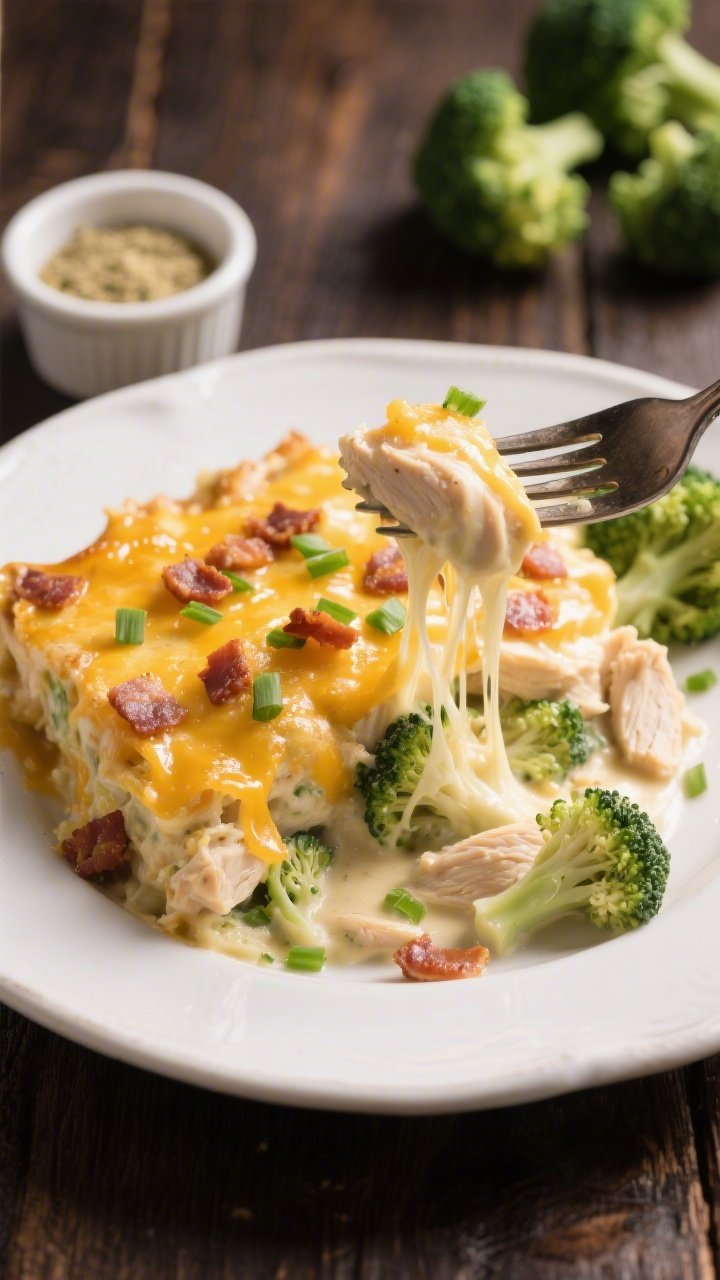 Final plated dish: A generous serving of Keto Chicken Ranch Casserole on a white ceramic plate, crea