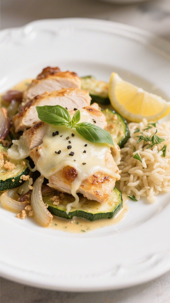 Final plated dish: Beautifully plated Chicken Zucchini Bake on a white ceramic dinner plate—juicy 