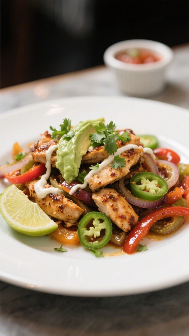 Final plated dish — : Beautifully plated keto chicken fajitas served on a wide white plate: a gene