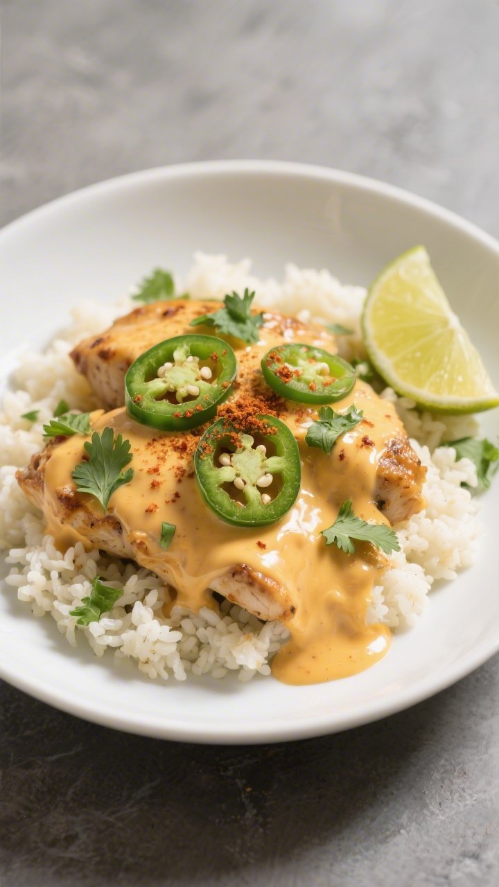 Final plated dish, : Beautifully plated Keto Chicken Jalapeño Skillet served in a shallow white bow