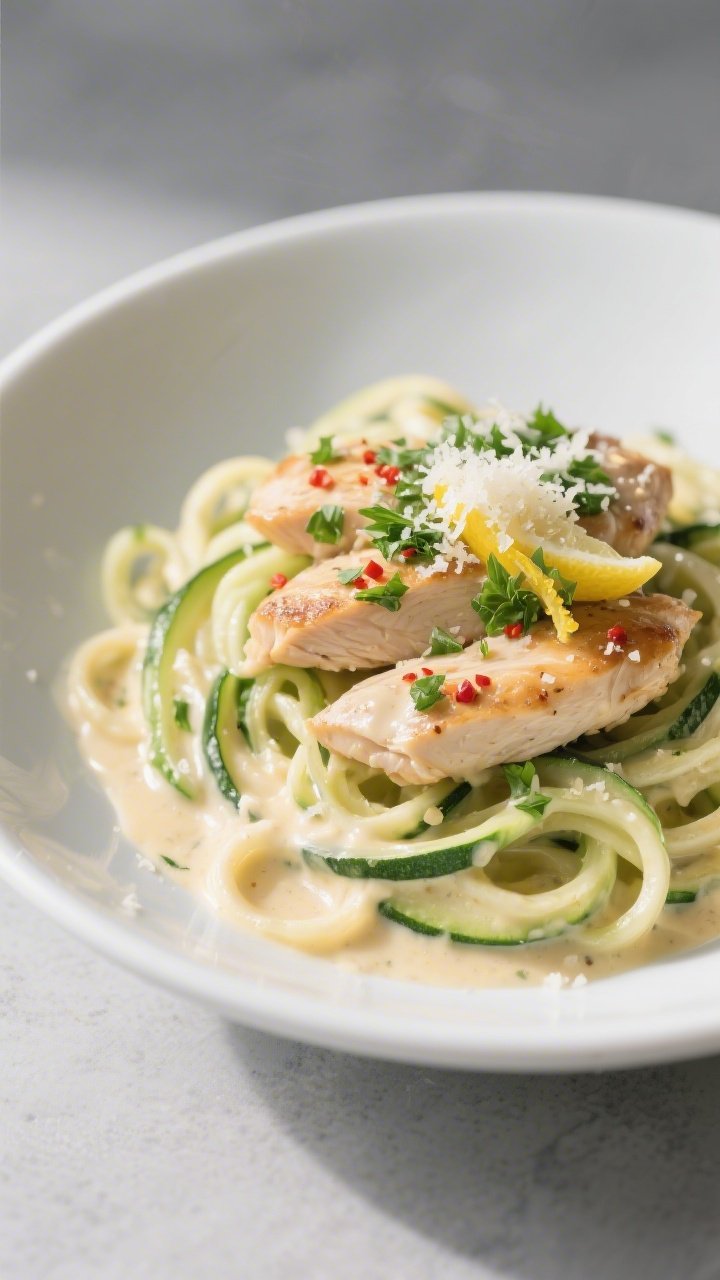 Final plated dish, : Beautifully plated Keto Chicken Alfredo Zoodles—crisp-tender zucchini noodles