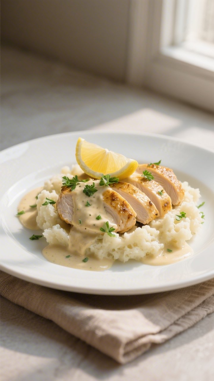 Final plated dish: Beautifully plated Keto Chicken Garlic Cream Sauce over creamy cauliflower mash, 