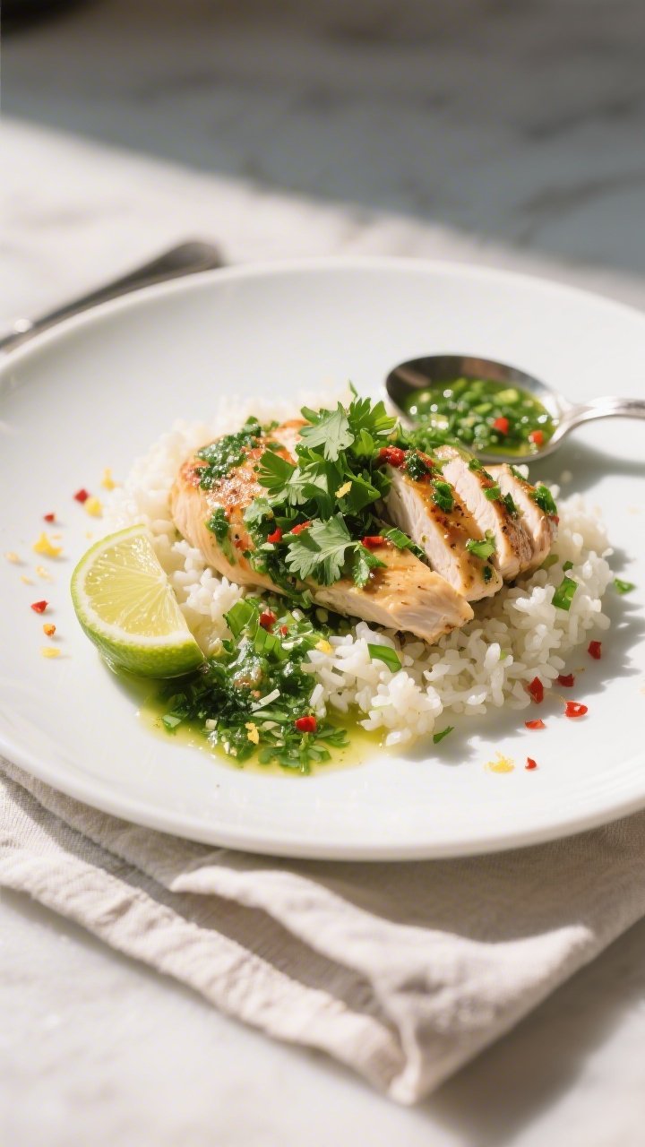 Final plated dish, : Beautifully sliced keto chicken chimichurri fanned over cauliflower rice on a m