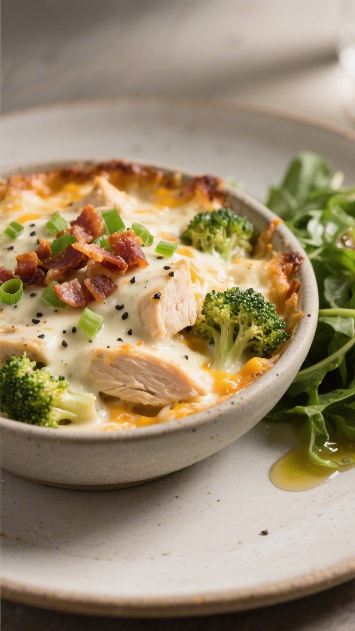 Final plated dish beauty: A generous scoop of the Keto Chicken Ranch Bake served in a shallow matte 