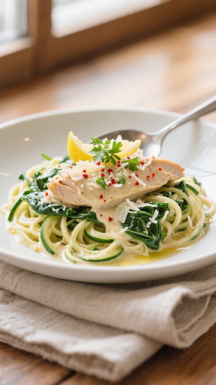 Final plated dish beauty: Keto Chicken Spinach Alfredo spooned over twirled zucchini noodles on a wi