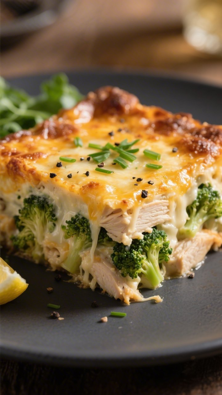 Final plated dish beauty shot: A generous square of Keto Chicken Broccoli Casserole served on a matt