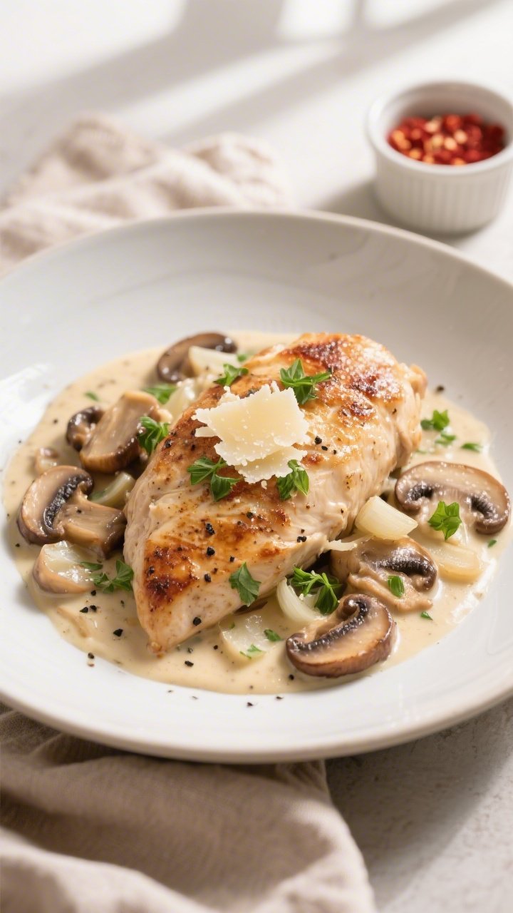 Final plated dish beauty shot: Keto Chicken and Mushroom Skillet plated on a wide, matte white shall