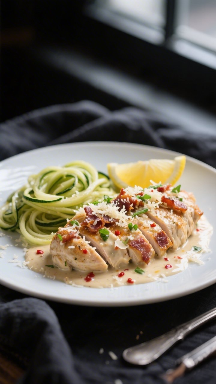 Final plated dish beauty shot: Keto Chicken Creamy Bacon Parmesan sliced and fanned on a matte white