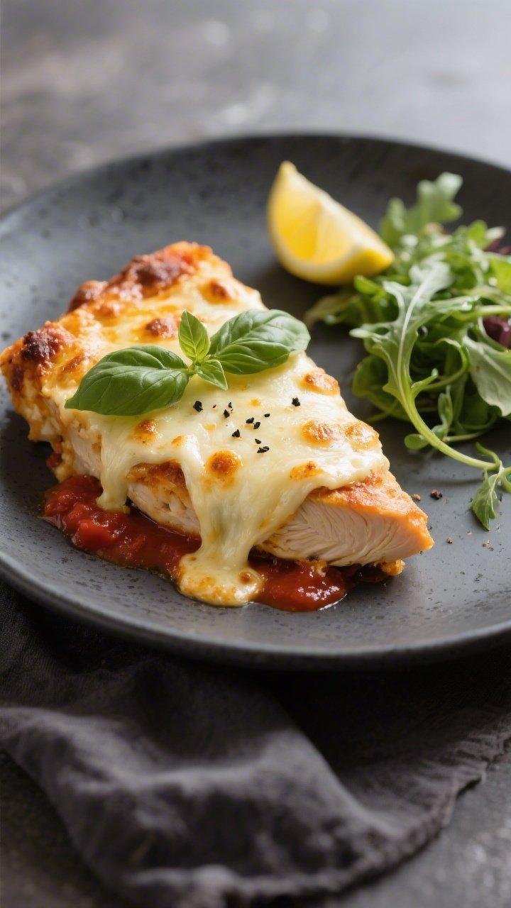 Final plated dish, detail: Beautifully plated slice of Keto Chicken Mozzarella Bake on a matte charc