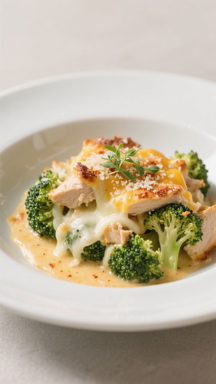 Final plated dish: Elegantly plated scoop of Keto Chicken Cheesy Broccoli Bake in a shallow white bo