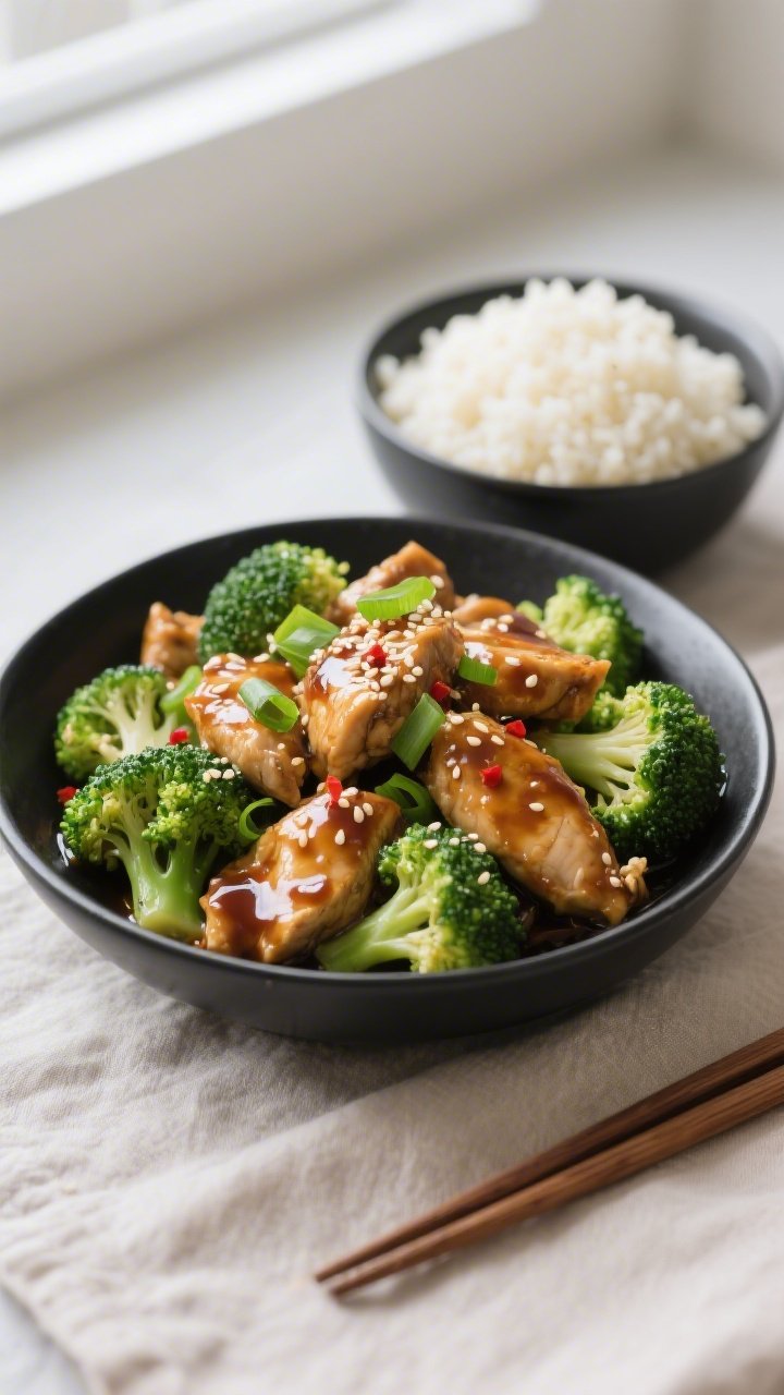 Final plated dish, : Keto Chinese Chicken and Broccoli piled high in a shallow matte-black bowl, chi