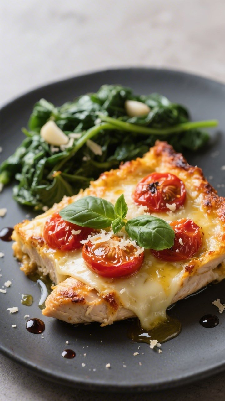 Final plated dish — Restaurant-quality presentation: Beautifully plated slice of Keto Chicken Capr
