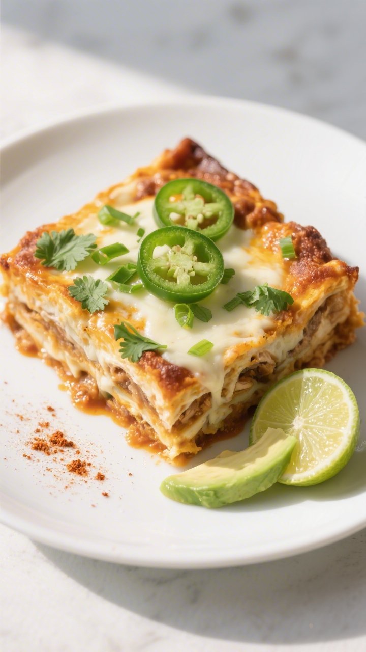 Final plated dish: Restaurant-quality presentation of a neat square of Keto Chicken Enchilada Bake o