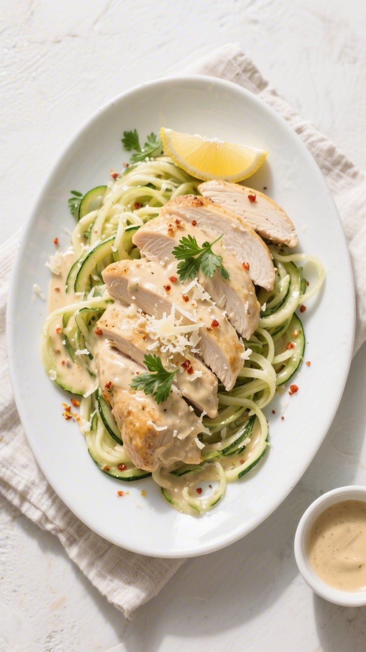 Final plated dish: Restaurant-quality presentation of Keto Chicken Creamy Garlic Skillet on a wide w