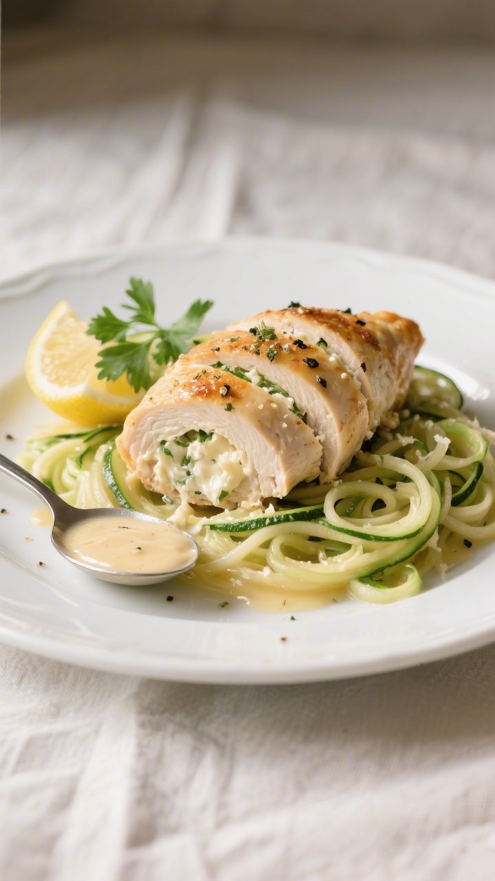Final plated dish: Restaurant-quality presentation of Keto Chicken Alfredo Stuffed Chicken sliced on