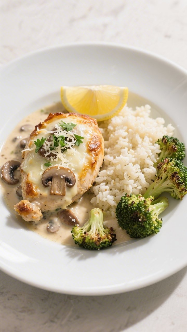 Final plated dish: Restaurant-quality presentation of Keto Chicken Creamy Mushroom Bake on a matte w