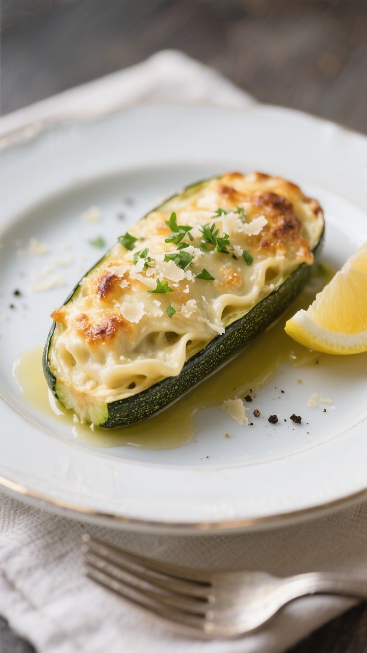 Final plated dish: Restaurant-quality presentation of a single stuffed zucchini half on a white rimm