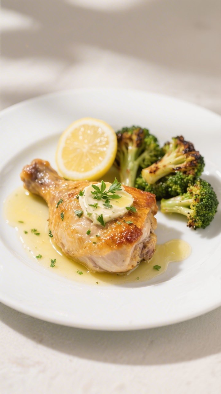 Final plated dish: Restaurant-quality presentation of one garlic butter chicken thigh on a white cer