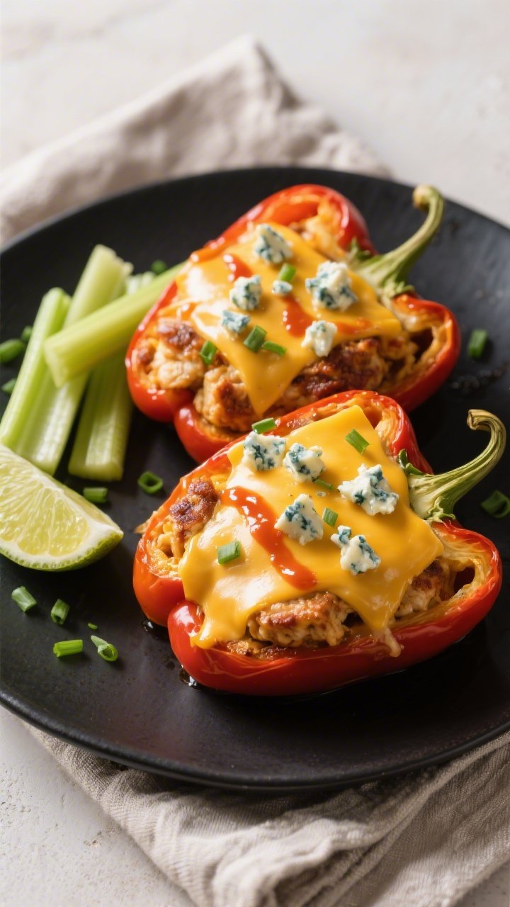 Final plated dish: Restaurant-quality presentation of Keto Chicken Buffalo Stuffed Peppers on a dark