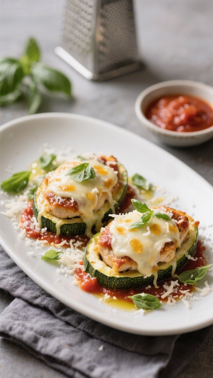 Final plated dish: Restaurant-quality presentation of two Keto Chicken Parmesan Stuffed Zucchini hal