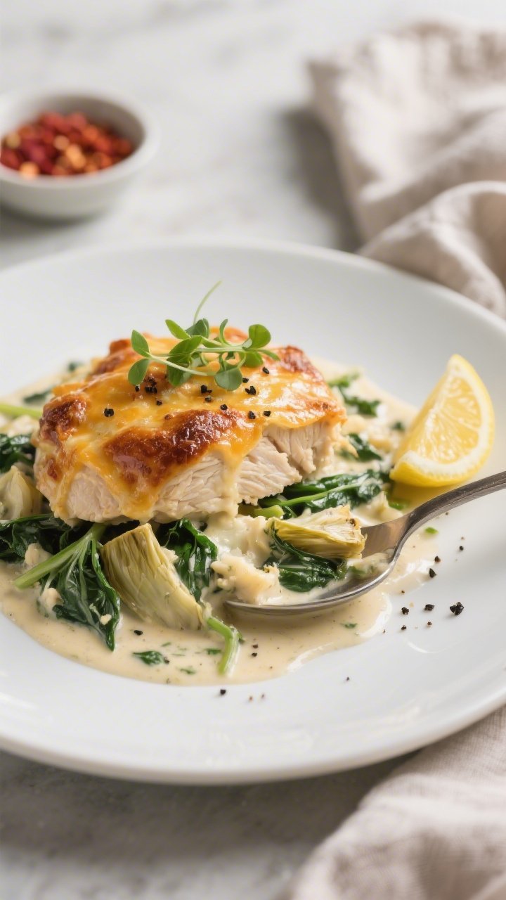 Final plated dish: Restaurant-quality presentation of a generous spoonful of Keto Chicken Spinach Ar