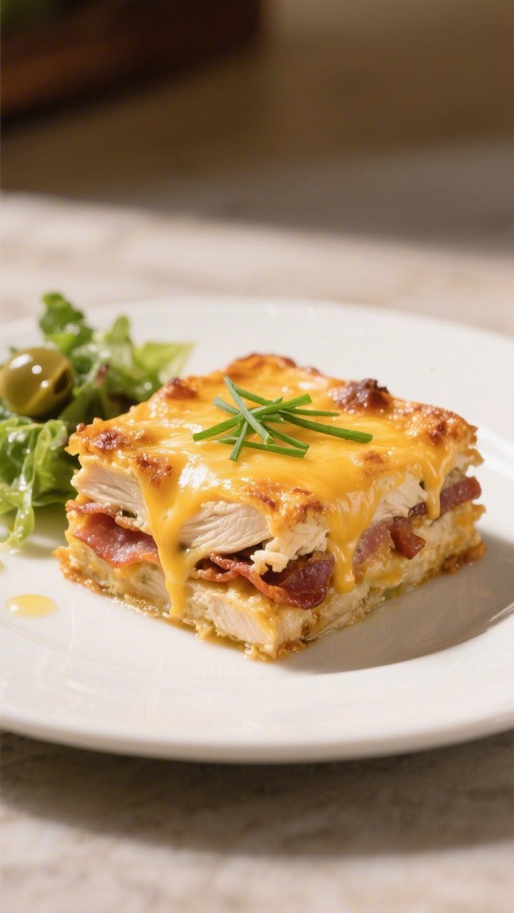 Final plated dish: Restaurant-quality presentation of a square serving of Keto Chicken Bacon Cheddar