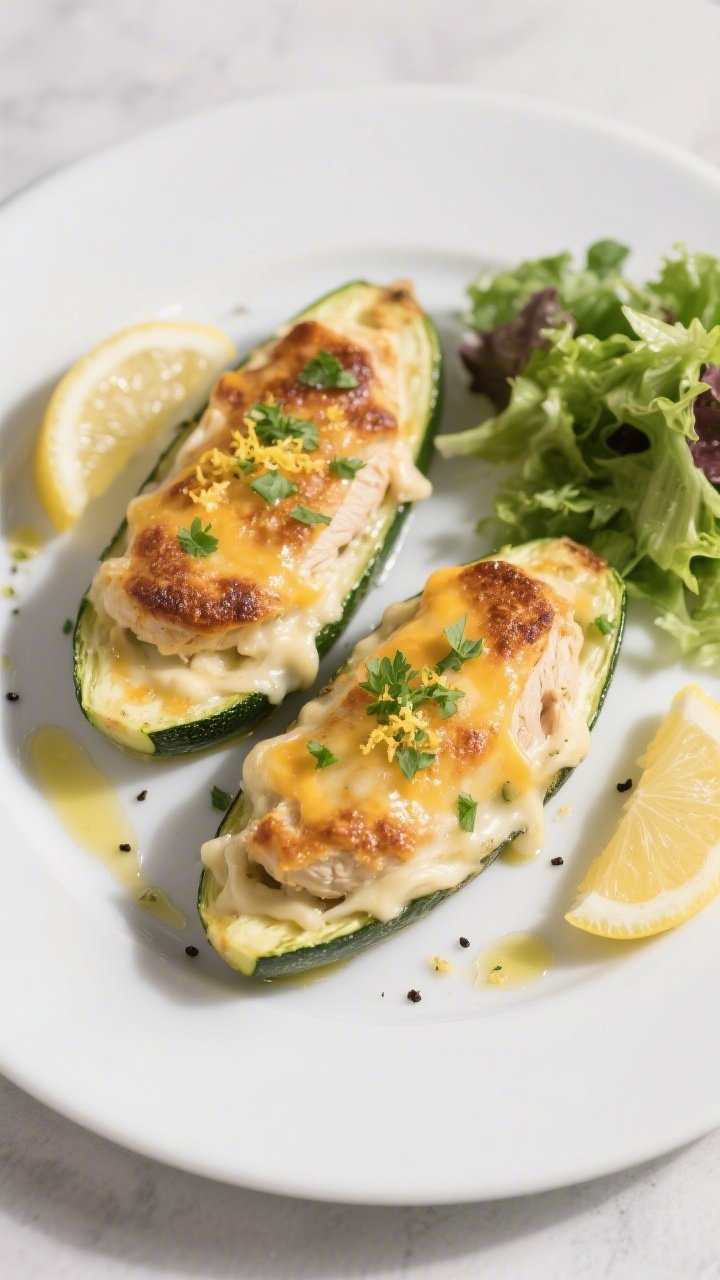 Final plated dish: Restaurant-quality presentation of Keto Chicken Alfredo Stuffed Zucchini on a mat