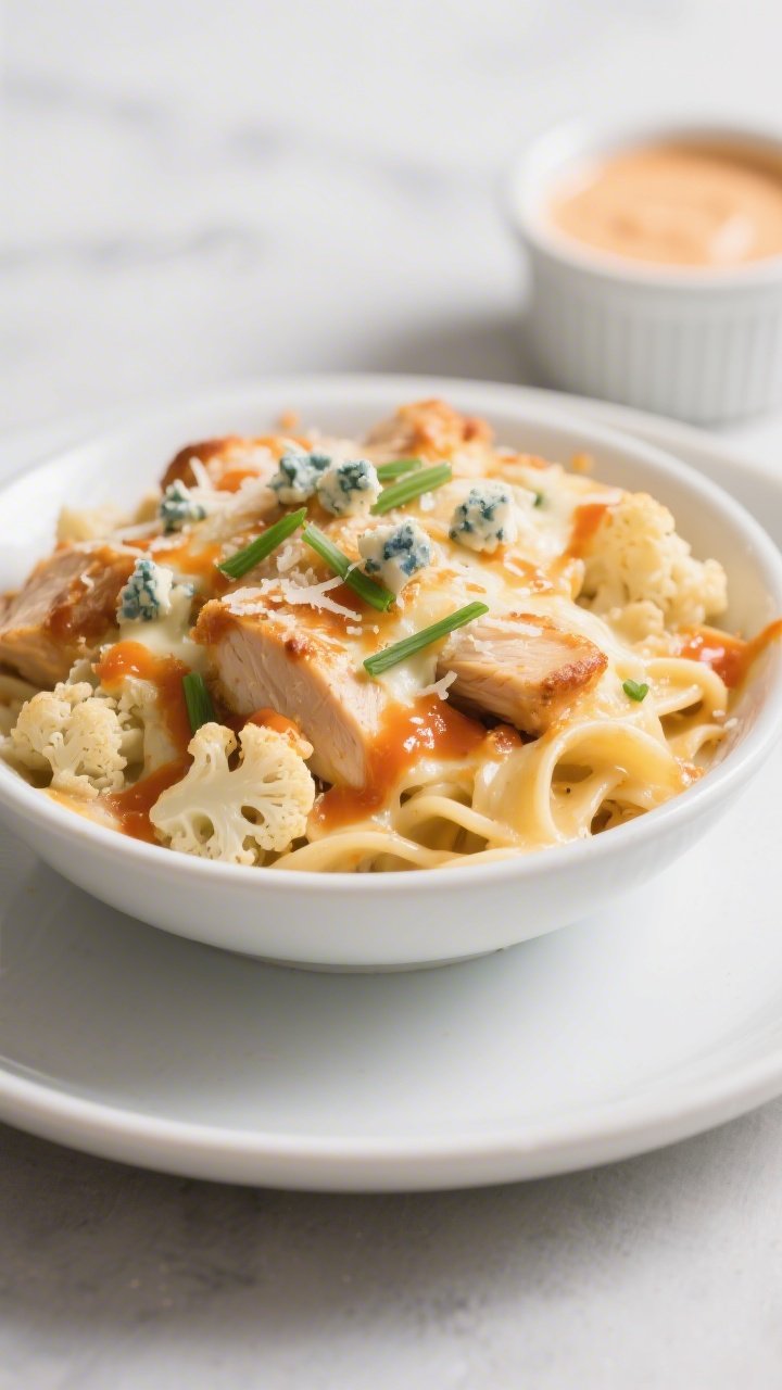 Final plated dish: Restaurant-quality presentation of a generous scoop of Keto Chicken Buffalo Alfre