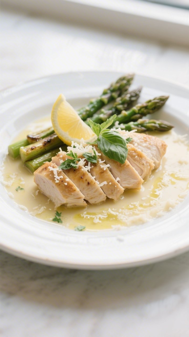 Final plated dish, restaurant-quality presentation: Sliced juicy chicken breast fanned over a pool o