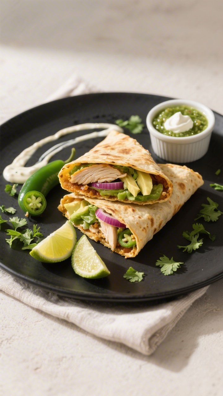 Final plated dish: Restaurant-quality presentation of two keto chicken crunch wrap halves stacked to