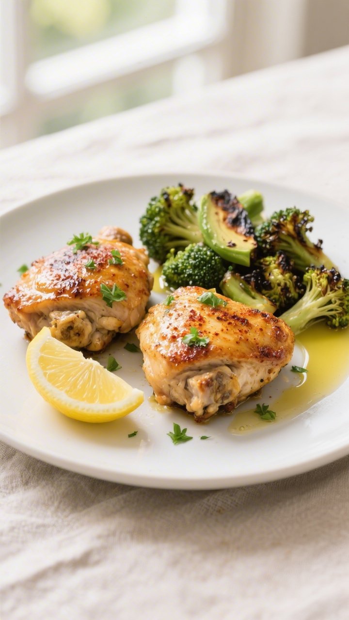 Final plated dish: Restaurant-quality presentation of two crispy keto chicken thighs on a matte whit