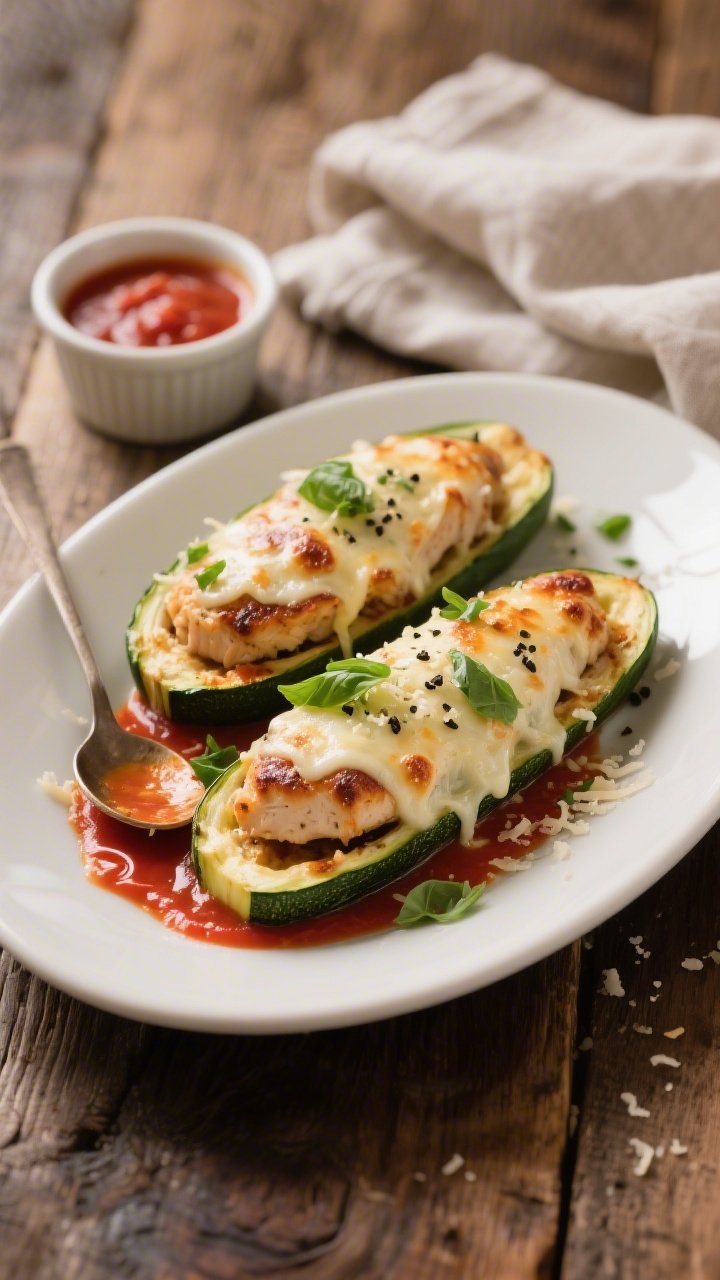 Final plated dish: Restaurant-quality presentation of two Keto Parmesan Chicken Zucchini Boats on a 