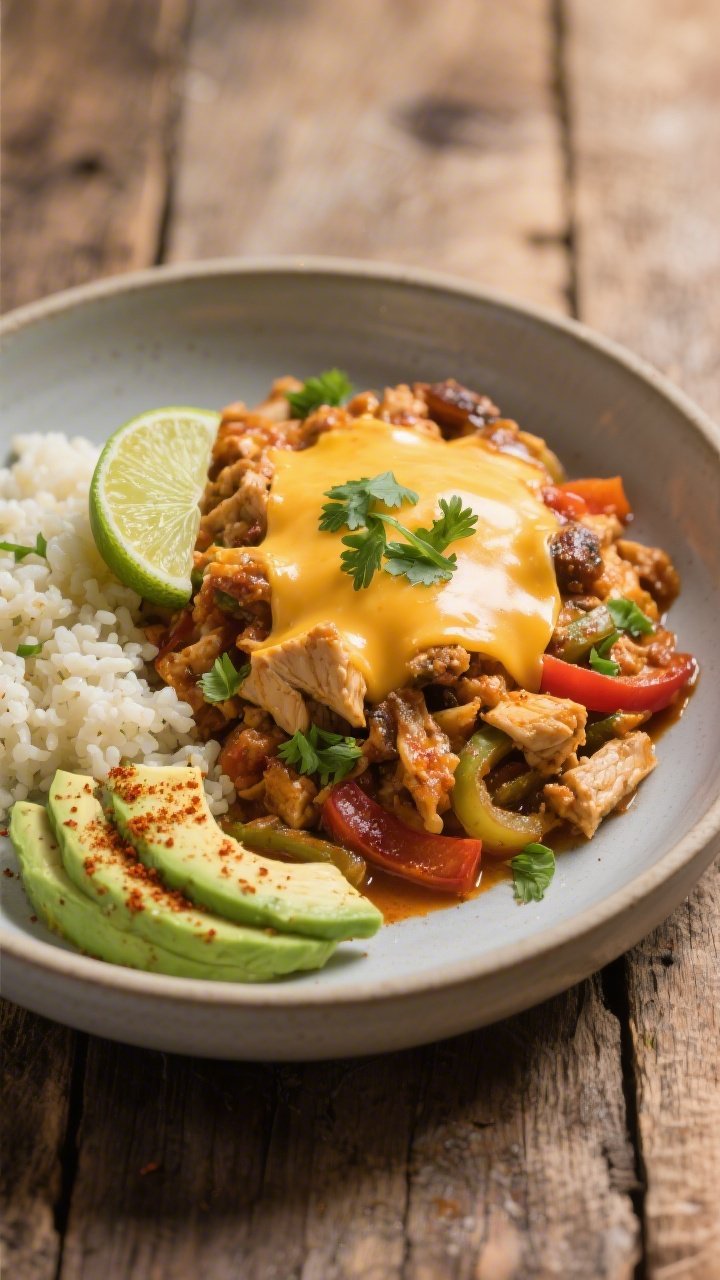Final plated dish: Restaurant-quality presentation of a generous scoop of keto chicken fajita casser