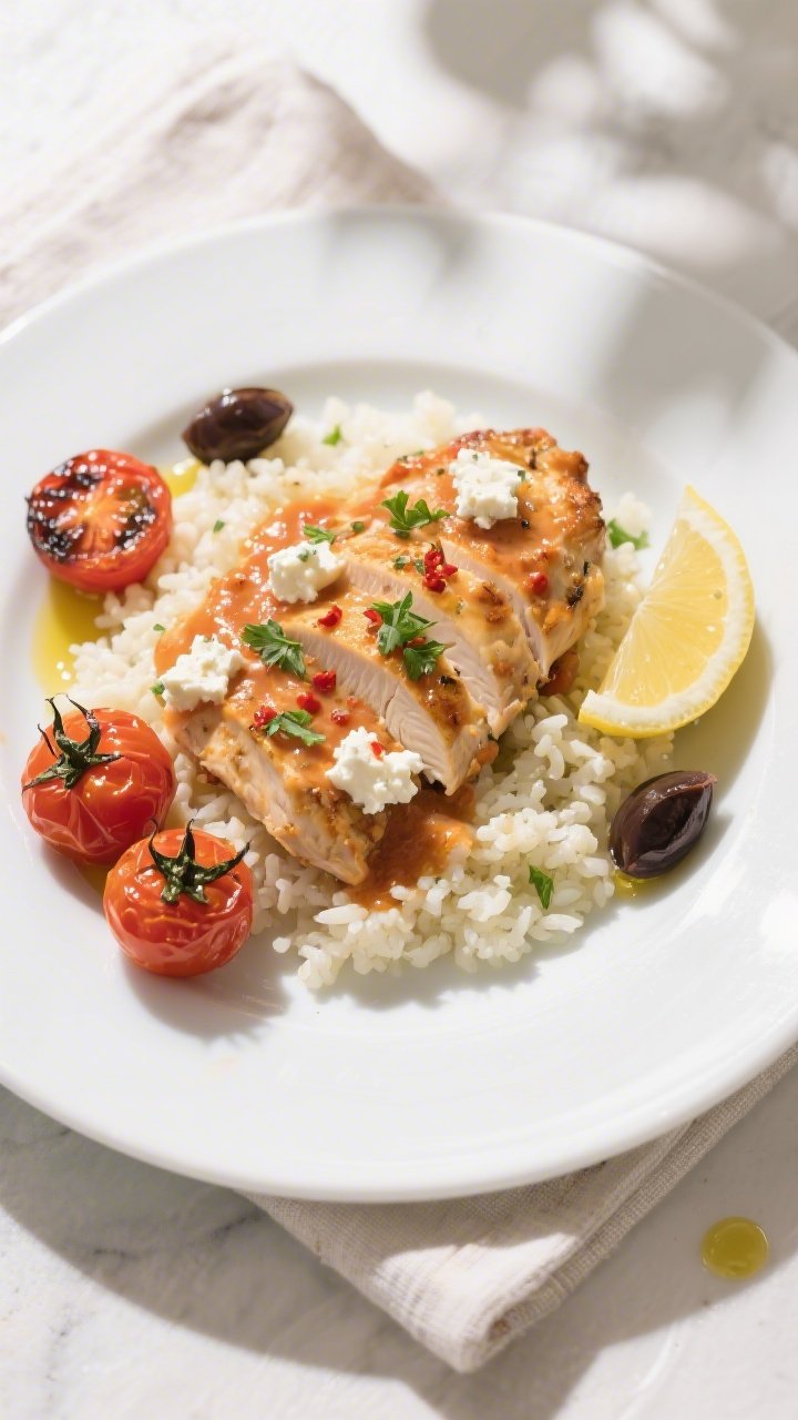 Final plated dish: Restaurant-quality presentation of Keto Chicken Feta Bake served over fluffy caul