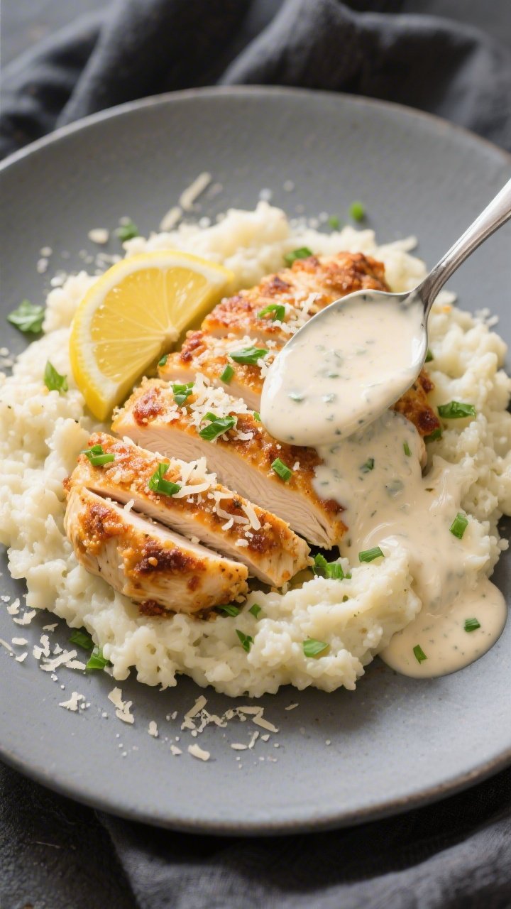 Final plated dish: Restaurant-quality presentation of sliced Keto Chicken Garlic Parmesan Bake fanne