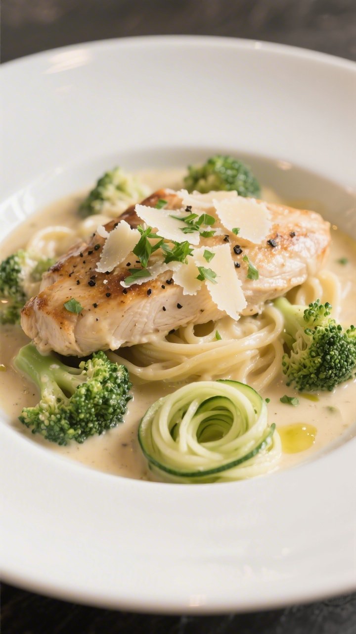 Final plated dish, restaurant-quality presentation: Beautifully plated Keto Chicken Broccoli Alfredo